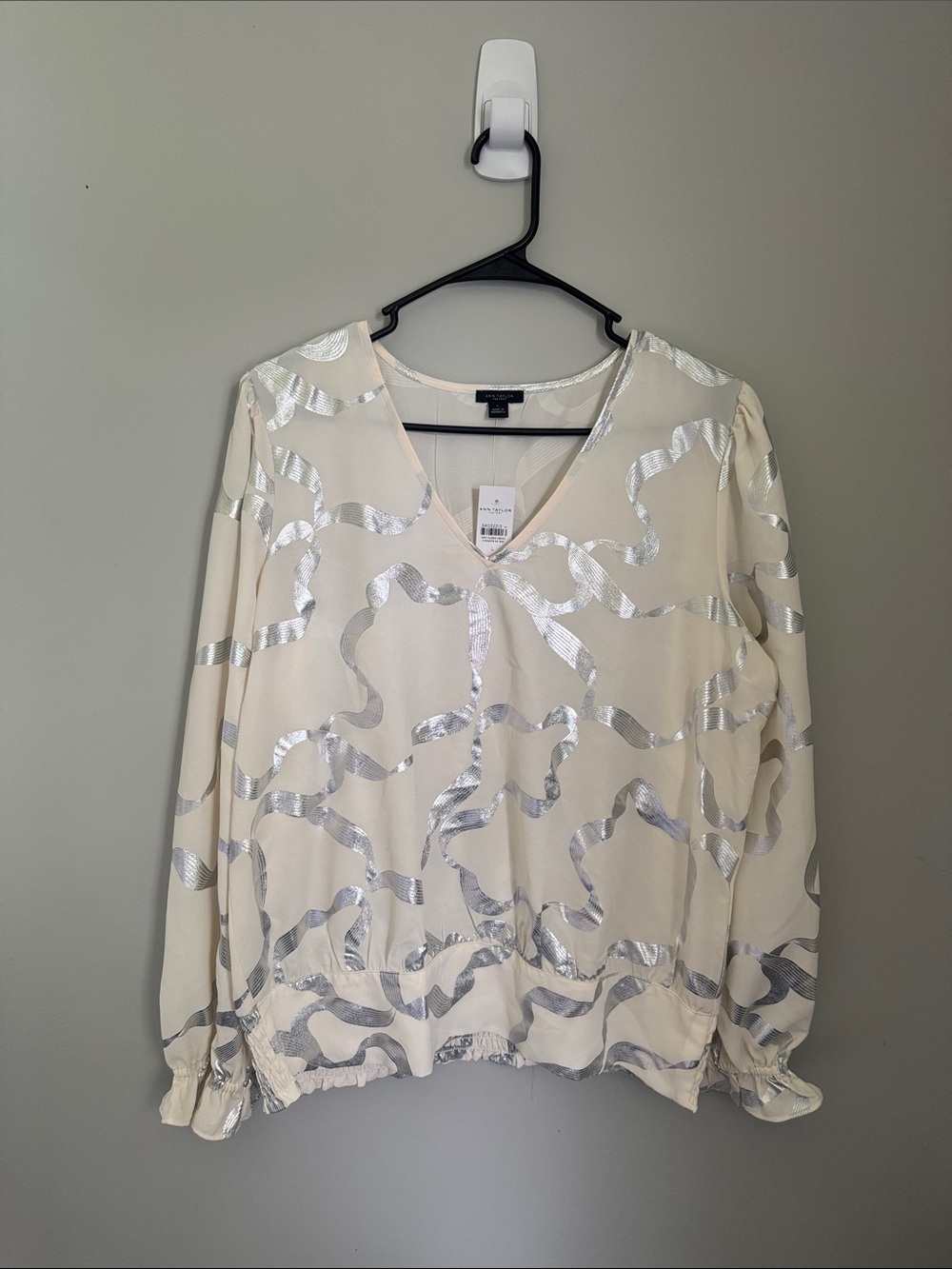 Ann Taylor Factory Ivory V-Neck Blouse with Silver Ribbon Accents